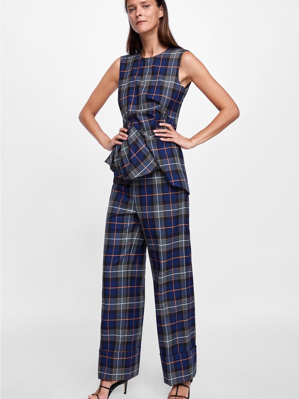 Zara Pleated Blue Tartan Plaid Top and Matching Wide-Leg Plaid Preppy Pants Set